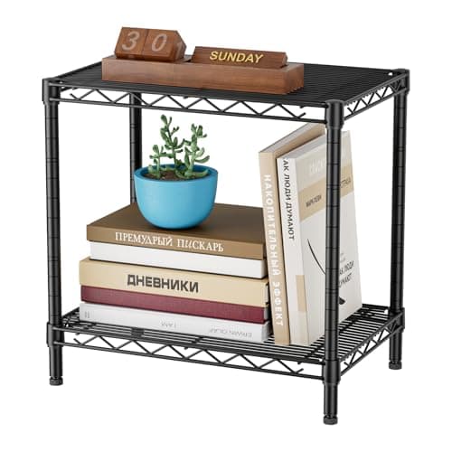 SINGAYE Bookshelf Shelves Bookcase Shelf: 2 Tier Small Shelving Unit Home Storage Organizer Wire Metal Adjustable Free Standing Display Shelf for Bedroom Living Room Office Pantry Black