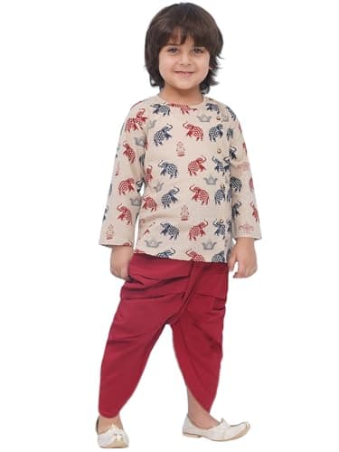 AJ DEZINES Kids Ethnic Elephant Printed Cotton Brown Kurta Dhoti Set for Boys Indian Party Wear Wedding Dress (1942-BEIGE-3)