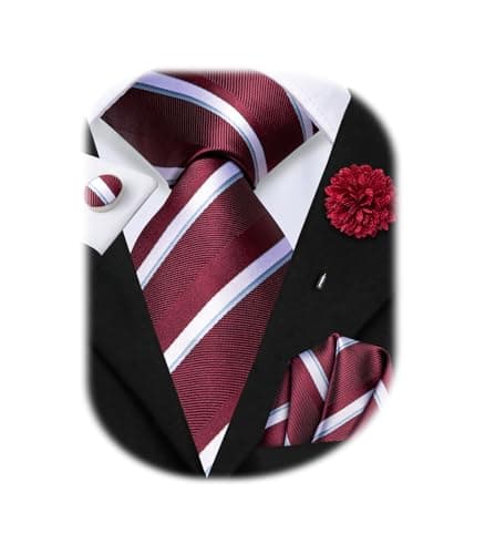 Hi-Tie Mens Red Blue Striped Ties Set Lapel Pin Silk Stripes Necktie Set for Men Pocket Square Cufflinks Wedding Business
