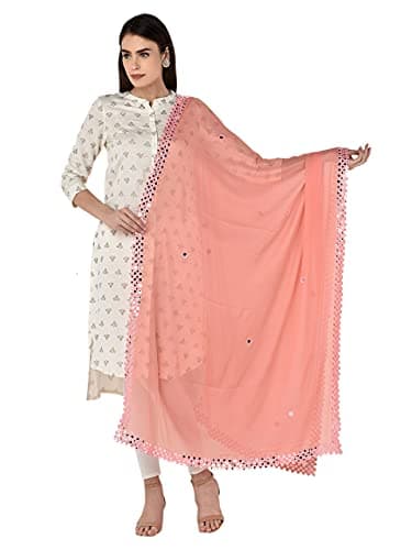 DUPATTA BAZAAR Women's Peach Chiffon Dupatta with Mirror Work