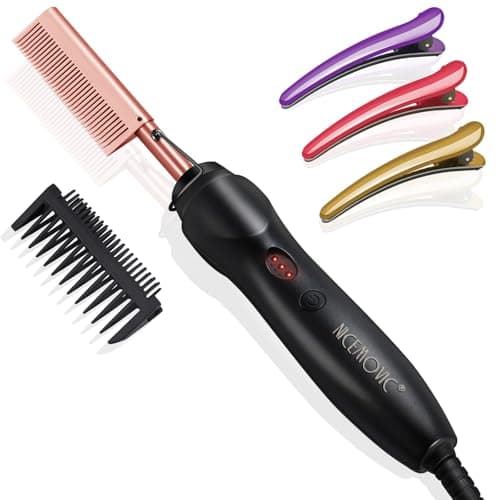 NICEMOVIC Ceramic Heating Hair Straightener Comb - Hot Pressing Brush for Natural Black Hair, Beard Wigs, and Curling (Rose Gold)