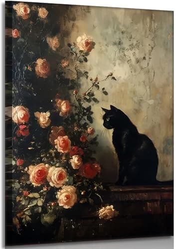 XLYFVLGF Vintage Black Cat Canvas Wall Art Floral wall decor pictures Victorian Cat Print Dark Academy Painting Artwork for Living Room Bedroom Bathroom Kitchen Decoration 12X16in