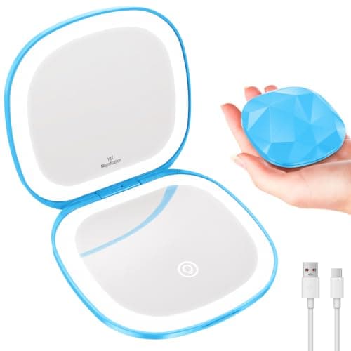 Poryled Travel Makeup Mirror with Light, 10X/1X Magnifying Compact Mirror for Purse, Portable Double Sided Folding Pocket Size, Dimmable LED & USB Rechargeable(Blue)