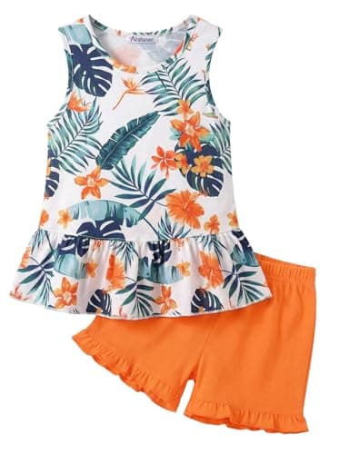 Arshiner Girls Summer Outfit Sleeveless Top and Elastic Shorts Orange Flower Print Size 4-5 Years