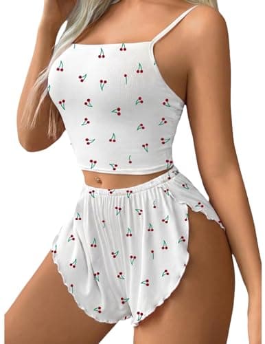 Avidlove Women Cami Pajama Set Sexy Sleepwear Ribbed Sleep Set Short PJ Soft Lingerie Set White Cherry Small