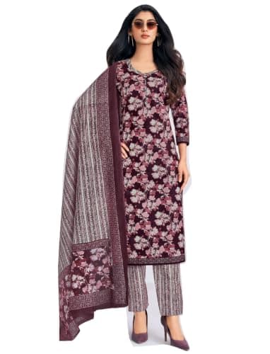 ladyline Womens 100% Cotton Jaipuri Printed Salwar Kameez Suit – Ethnic Kurta, Pants & Mal Dupatta Set | Indian Punjabi Dress (CPSK DTCG) (48/ Wine)