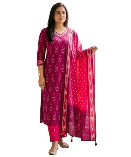 PATALIYA Cotton Straight Indian Kurti For Women Summer Dress Kurta Pant With Dupatta Set (US, Alpha, Medium, Regular, Regular, Pink)