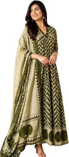 Women's Cotton Taj Anarkali Kurta Set with Dupatta & Pants | Indian Dresses for Women | Ethnic Kurta Set | Block Print | (US, Alpha, Large, Regular, Regular, Olive Green)