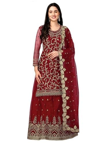 TRENDMALLS Women's Net Embroidery Salwar Suit Set Kurta Lehenga with Dupatta (G112-Maroon-S)