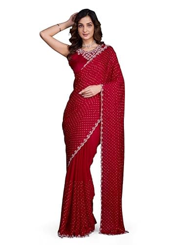 TRENDMALLS Women's Satin Georgette Siroski work Saree with Unstitch Blouse Piece (K1069-Red)