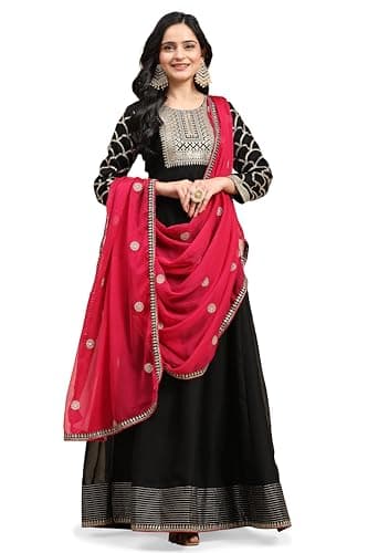 TRENDMALLS Women's Rangoli Silk Embroidery Anarkali Kurta Set with Dupatta for Women (G237-Black-S)