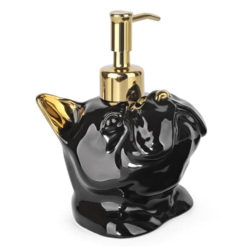 NEWHENGS French Bulldog Shaped Soap/Lotion/Hand Sanitizer Bulldog Ceramic Stainless Steel Pump Dispenser Gifts for Lover, Refillable for Kitchen and Bathroom(Gold/Black)
