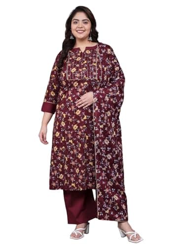 Tissu Women's Plus Size Maroon Floral Printed Pure Cotton Kurta & Palazzo with Dupatta (691_Maroon_4XL)