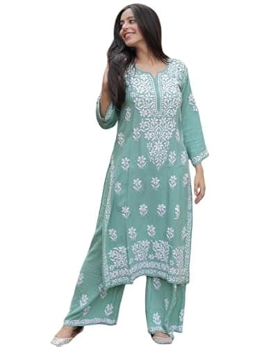 zomiconice Women's Kurta Set Embroidered Chikankari Kurta with pant ethnic Indian wear- Lucknow Chikankari, traditional chikankari (US, Numeric, 42, Regular, Regular, Dusty Green)