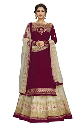 TRENDMALLS Women's Georgette Embroidery Kurta Lehenga Suit Set Stitched (USTM.G79-Maroon-M)