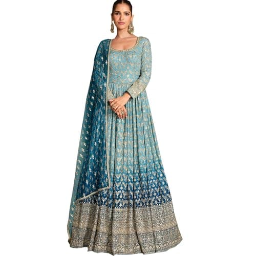 Indian Ready to Wear Anarkali Gown Suits Pakistani Stitched Salwar Kameez Dresses (US, Numeric, 48, Regular, Regular, Sky)