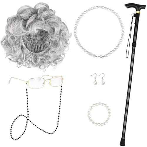 Apoway 9-Piece Old Lady Costume for Women, 100 Days of School Costume Grandma Wig Dress Up Cap Glasses Cane Pearl Necklace Bracelet Earrings