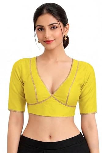Women's Readymade Dupion Silk Saree Blouse Deep V-Neck Half Sleeve Gota Patti Lace Work & Back Zipper Padded Yellow