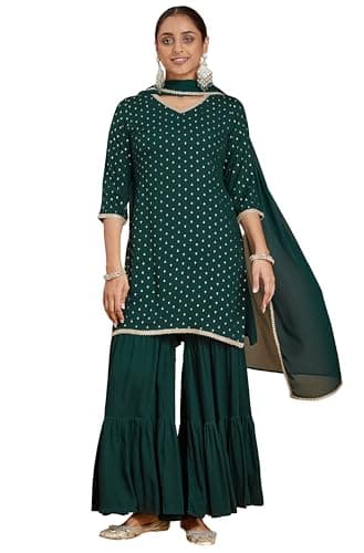 Janasya Indian Women's Rayon Green Foil Print Festive Wear Kurta Set for Women