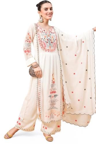 zomiconice women's kurta set dupatta Viscose Silk Embroidery A-line Kurta Pant Salwar Suit Set Full iner Kurta Set for Women (1, OF WHAIT, 36)