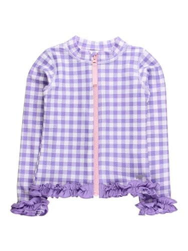 RuffleButts Girls UPF50+ Sun Protected Athletic Active Full Zip Ruffle Jacket - Wisteria Purple Gingham, 3T
