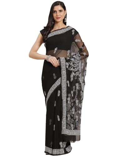 Ada Women's Lucknow Chikan Hand Embroidered Black Georgette Saree with Blouse Piece A129570