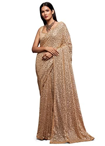 TRENDMALLS Women's Heavy Georgette Sequins work Saree with Unstitch Blouse Piece (K951-Beige)