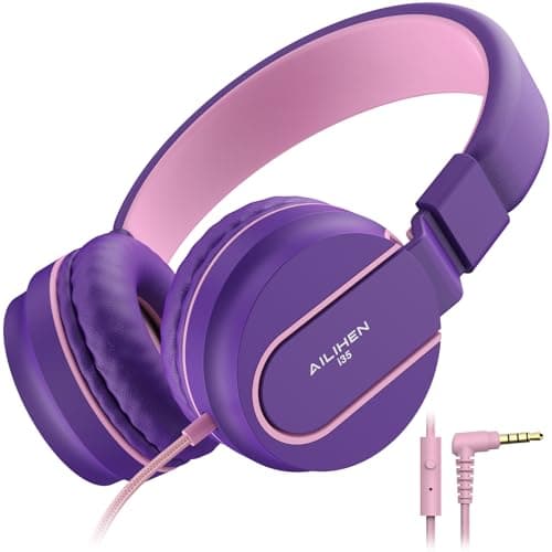 Kids Headphones, Wired Headphones for Kids On Ear with Microphone, 93dB Volume Limiter Headphone for Girls Boys, Foldable Lightweight Headphone for School Learning & Entertainment, Pink Purple