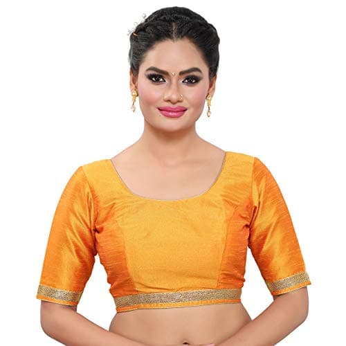 Madhu Fashion Womens Raw Silk Elbow Length Sleeves Readymade Saree Blouse (38, ORANGE)