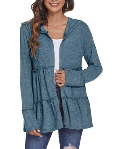 DEESHA Full Zip Up Hoodie for Women Pleated Tiered Ruffle Hooded Sweatshirts Jacket Coat Long Sleeve (Blue, 3X-Large)