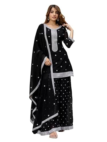 TRENDMALLS Women's Georgette Embroidery work Kurta Palazzo Set with Dupatta for Women (G339-Black-XXL)