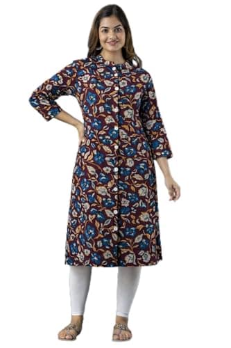Aqila Attire Women Cotton Rayon Printed Kurti | Straight Fit Ethnic Kurta with Mandarin Collar & Front Buttons for Casual Wear (Wine Blue, Large)