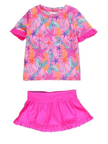 RuffleButts Girls UPF50+ Sun Protected Short Sleeve Ruffle Rash Guard Skirted 2-Piece Bikini - Neon Shimmer Mermaid, 12-18m