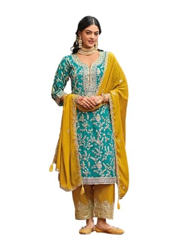 FABMIAMI New Indian Pakistani Party/Wedding Wear Traditional Heavy Look Salwar Kameez With Dupatta For Women FM-40 (US, Numeric, 40, Regular, Regular, Dark Firoji)