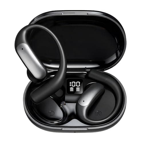 Wentronic Open Ear Headphones, Wireless Earbuds Bluetooth 5.4 with Digital Display, Secure Earhook, 48H Playtime, Enhanced Sound, Clear Calls, IP55 Waterproof Ultra-Light Sports Headphones - Grey