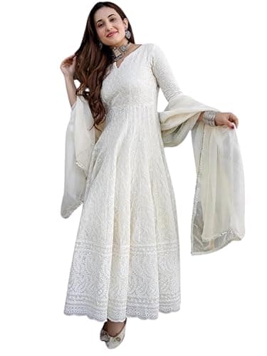 Women's Off White Chikankari Cotton Anarkali Indian Kurti For Women Summer Dress Kurta With Dupatta Set (US, Alpha, X-Small, Regular, Regular)
