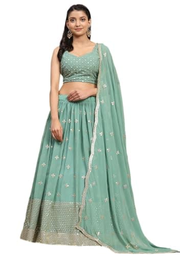 Indya Green Sequin Embroidered Faux Georgette Lehenga Set | Perfect for Festive Wear | Sleeveless | Scoop Neck