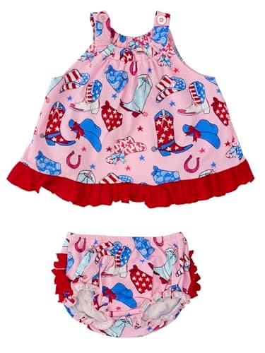 RuffleButts Baby/Toddler Girls Swing Top & Bloomer Coordinated Set - Pink Stars & Spurs, 3-6m