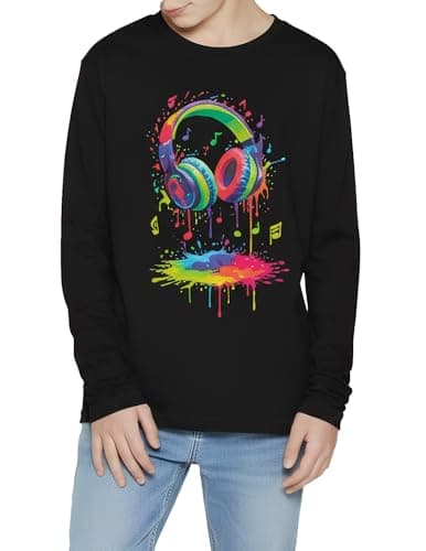 Redolox Boys Long Sleeve Shirts Black Graphic Tees Youth Boy Cool Tshirt Crewneck Tops Size 10-12 Age 11 Year Old Novelty Hip Hop Concert Outfits