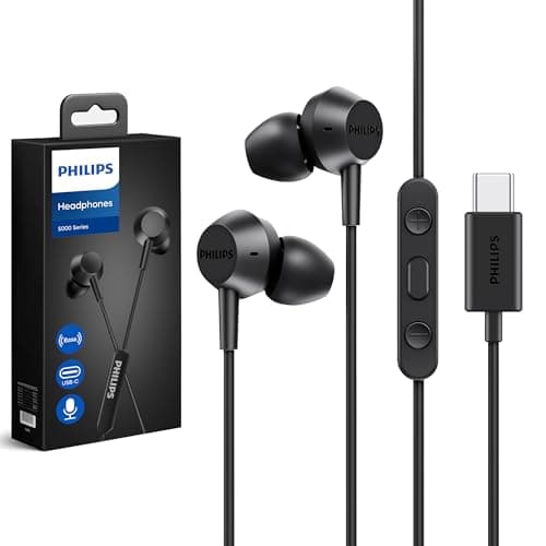 Philips Wired Earbuds USB C with Microphone, in Ear Type C Headphones with mic, Powerful Bass, Lightweight, USB-C Wired Earphones, 3-Button in-line Remote Ear Buds (Black)