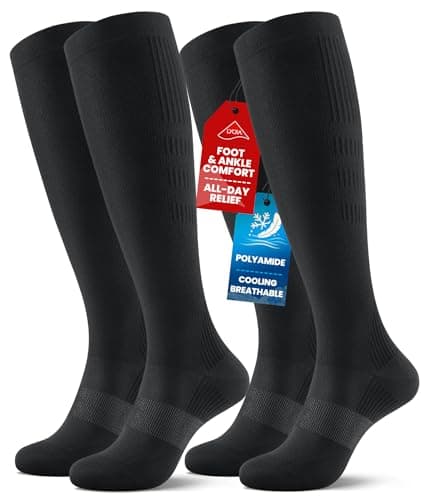 PULIOU Cooling Compression Socks for Women Men, 20-30 mmHg Circulation Knee High for Travel, Flying, Running, 2 Pairs(Black,L-XL