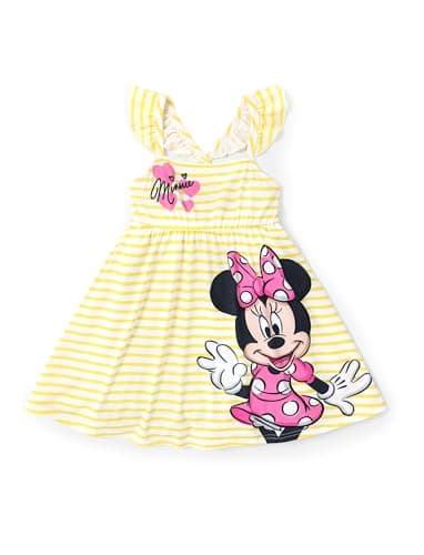Disney Minnie Mouse Toddler Girl Dress Yellow Ruffle Sleeveless Criss Cross Backless Striped Sundress Birthday Baby Summer Outfit Clothes 12-18M