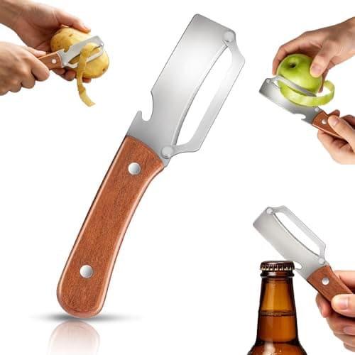 Multifunctional Vegetable Potato Peeler for Kitchen，Wooden-Handled Stainless Steel Sharp Peeler Knife with Built-In Bottle Opener for Veggie, Fruit, Potato, Carrot, Apple Ergo 1PCS