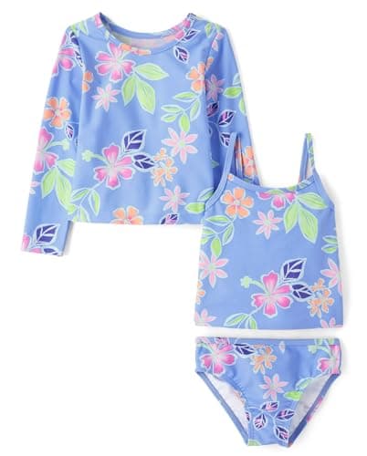 The Children's Place,Baby Girls,and Toddler Long Sleeve Rashguard and Tankini Swimsuit, 3 Piece Set,Bright Sky,5 Years