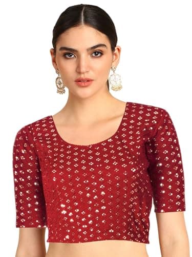 Chandrakala Stretchable Blouses for Women Sarees,Readymade,Maroon Sequence, Small-Medium (B231MAR3)