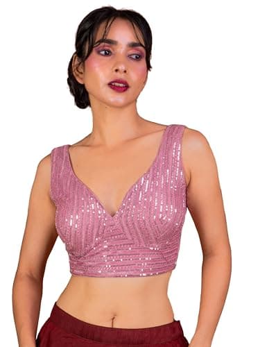 FIGURE'S DESIGNER Women's Sequin Embroidered SabyaSachi Cut Sweetheart V Neck Sleeveless Readymade Saree Blouse E30 Pink