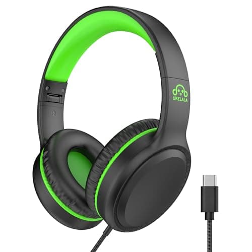 UKELALA Wired Headphones with Type C Cable for Boys Girls Kids Youth, USB-C Headphones Lightweight Portable Compatible with Pad Phone for Adults Student Children Black Green