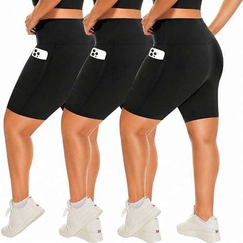 HLTPRO 3 Pack Plus Size Biker Shorts with Pockets for Women - 8" High Waisted Spandex Athletic Bike Shorts for Yoga Workout