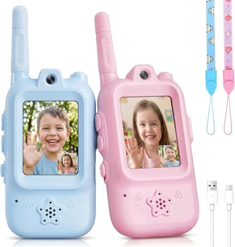 AQLL Walkie Talkies for Kids with Real-Time Video Chat, 2 Pack Rechargeable Two-Way Radios, Long Range & Voice Changer, Indoor Outdoor Adventure Toys for Boys Girls Age 3-12 (Blue/Pink)