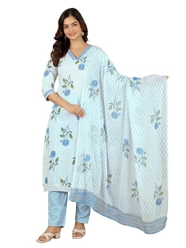 TRENDMALLS Women's Pure Cotton Floral Printed Kurta Pant with Dupatta Set (G413-White-L)